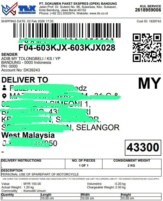 Langkah 4 – Barang diukur dan ditimbang, tracking dikeluarkan